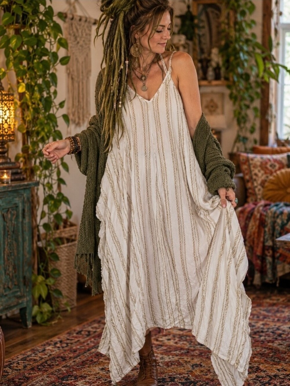 4/$15 Boho Maxi Dress L | Cream 70s Inspired Cottagecore Festival Prairie
